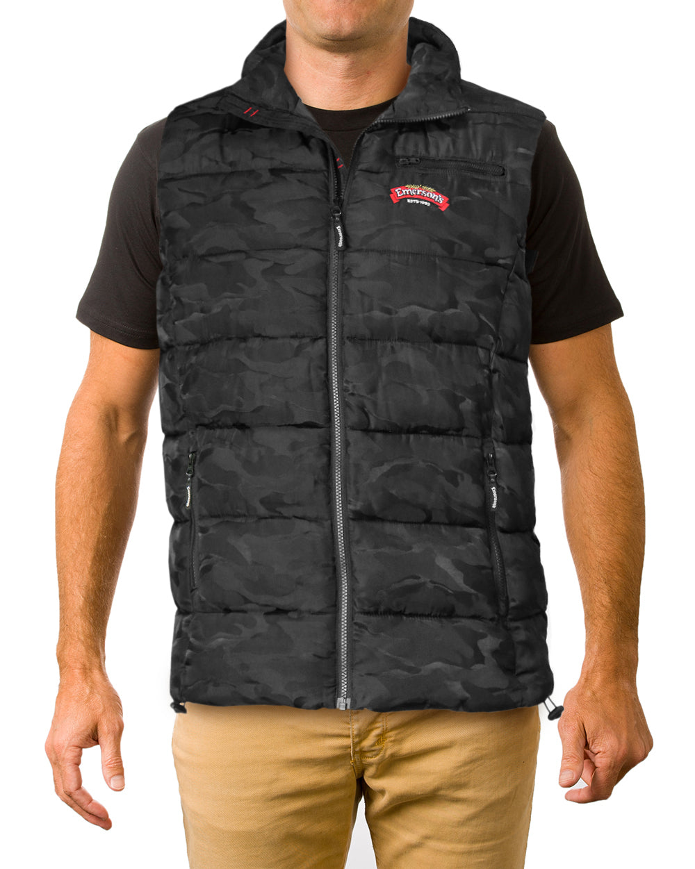 Emerson's Camo Puffer Vest -  Beer Gear Apparel & Merchandise - speights - lion red - vb - tokyo dry merch